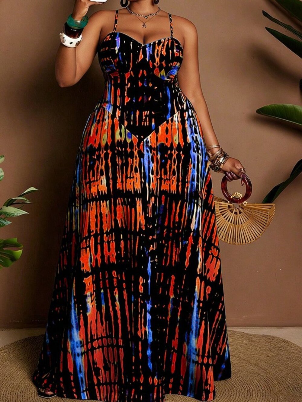 multicolor Boho Women's Plus Size tie dye Printed Sexy spagetti strap maxi Dress - Picture 3 of 7
